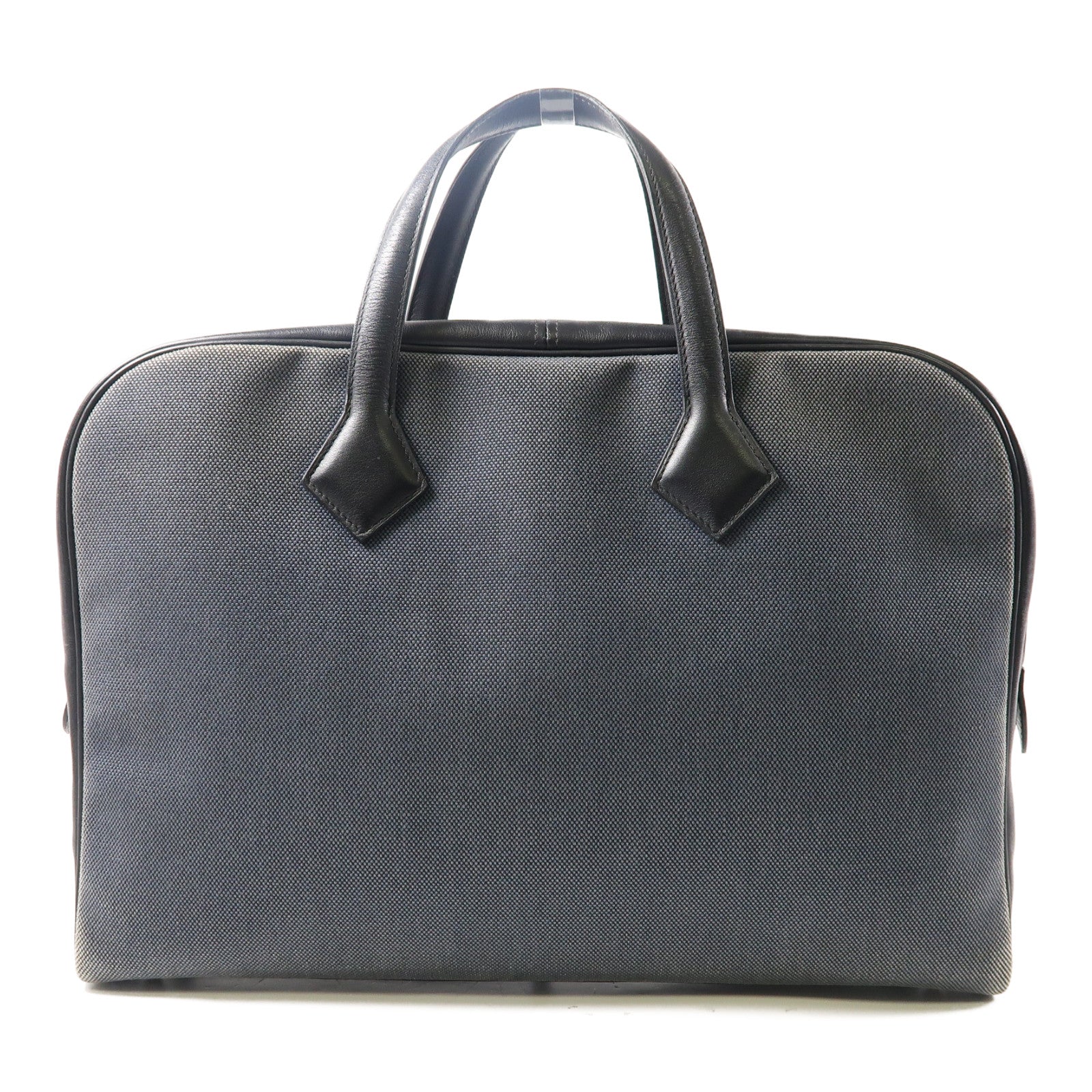 HERMES 【激減優惠】Toile H帆布/牛皮皮革Victoria 2 12H銀扣手挽袋黑色/灰色