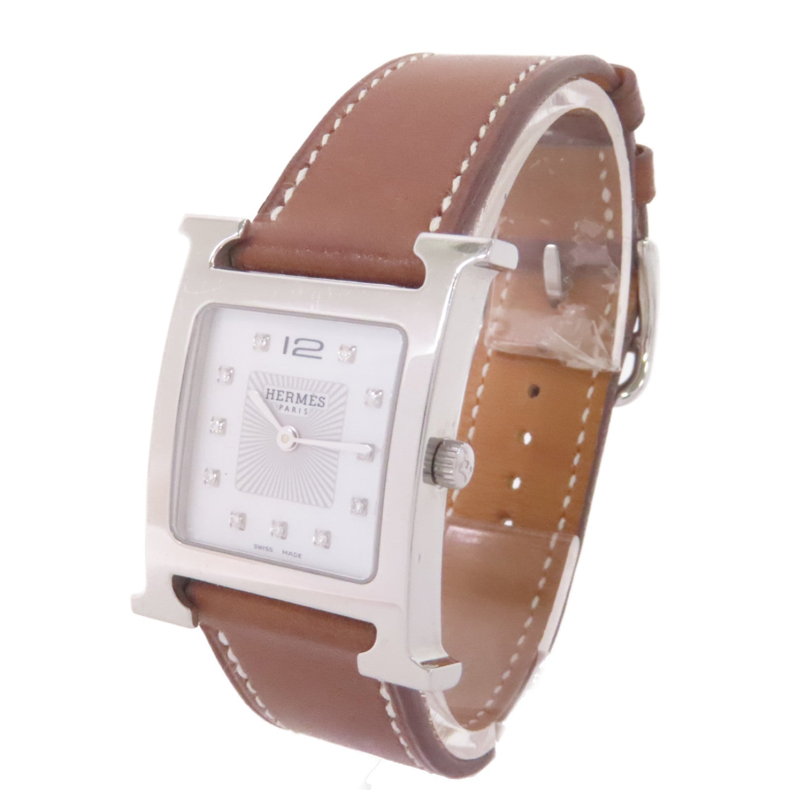HERMES Heure H Watch不鏽鋼/珍珠母/鑽石/牛皮皮革石英機芯手錶白色