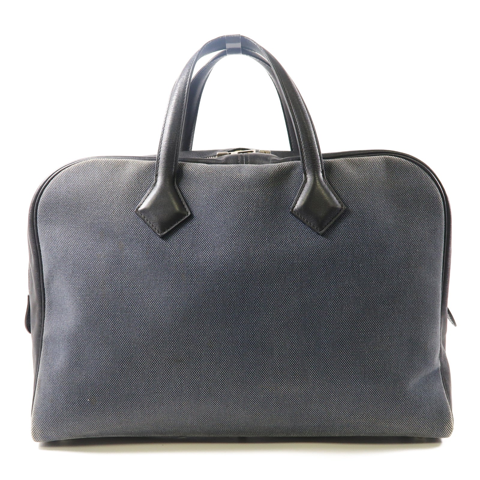 HERMES 【激減優惠】Toile H帆布/牛皮皮革Victoria 2 12H銀扣手挽袋黑色/灰色