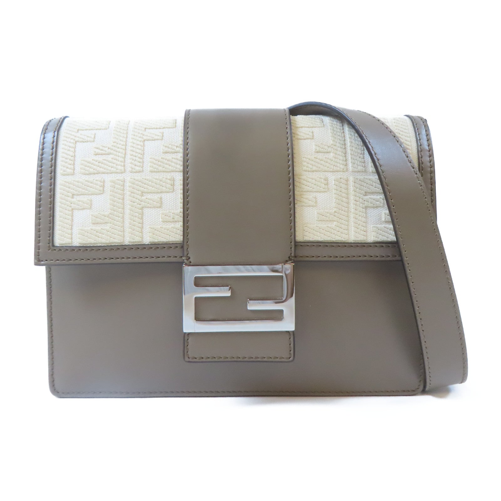FENDI 帆布/皮革Shoulder Bag銀扣肩背袋灰色/米色