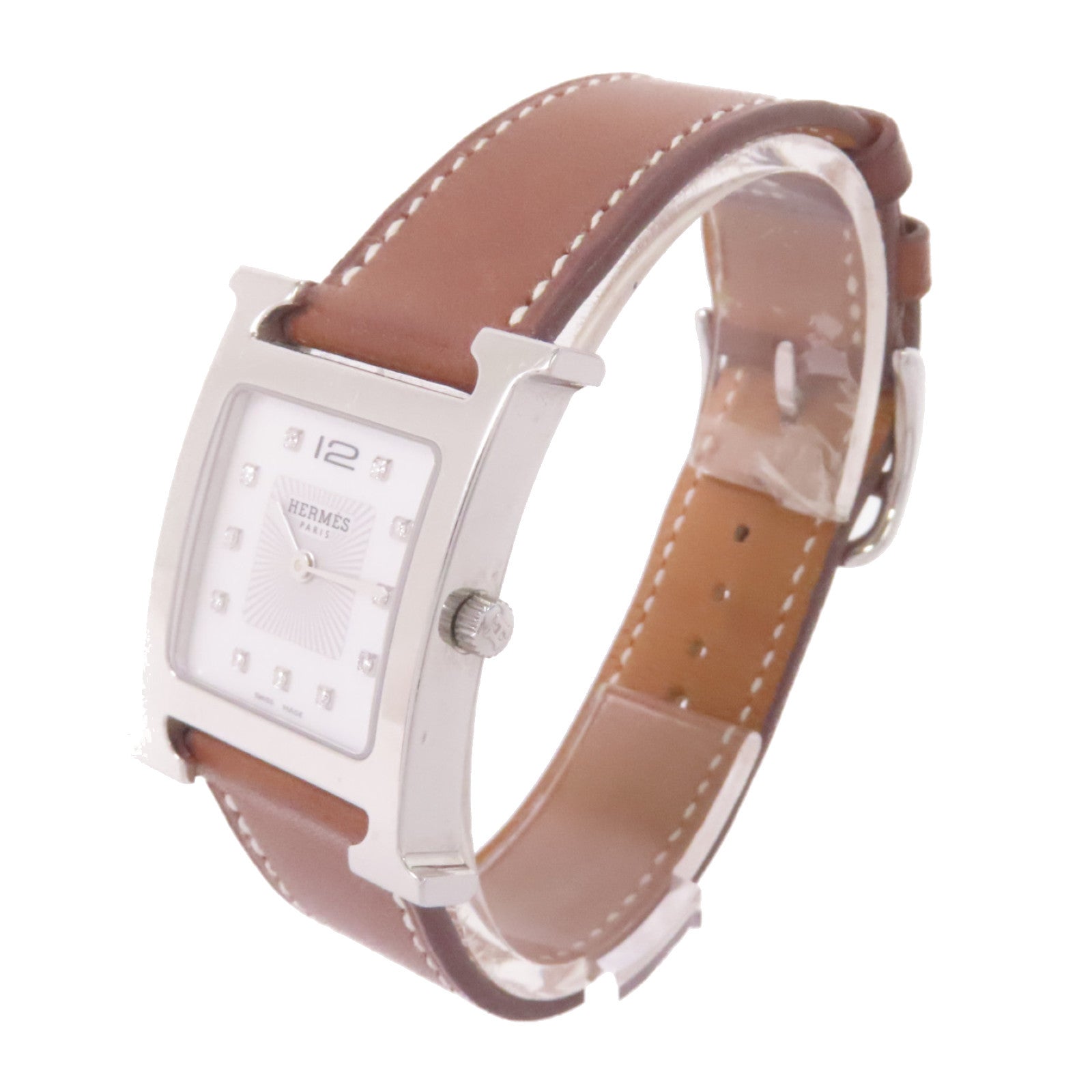 HERMES Heure H Watch不鏽鋼/珍珠母/鑽石/牛皮皮革石英機芯手錶白色