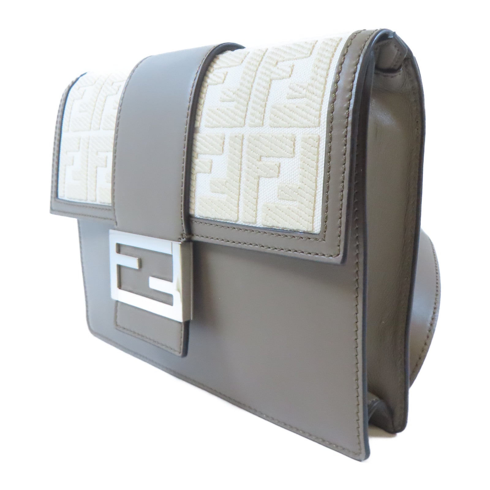 FENDI 帆布/皮革Shoulder Bag銀扣肩背袋灰色/米色