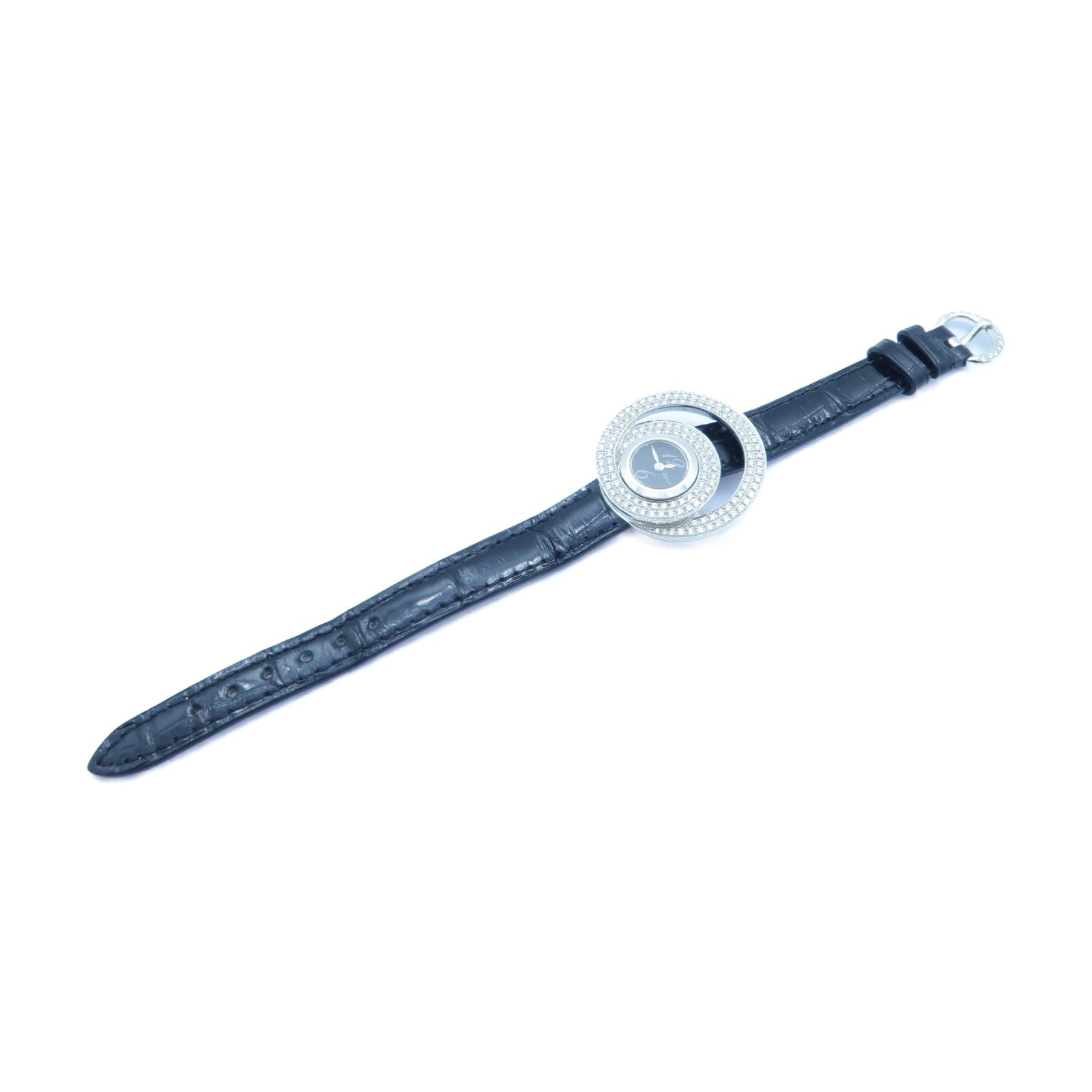 Chopard Diamond Watch 18K白金/皮革手錶石英機芯黑色