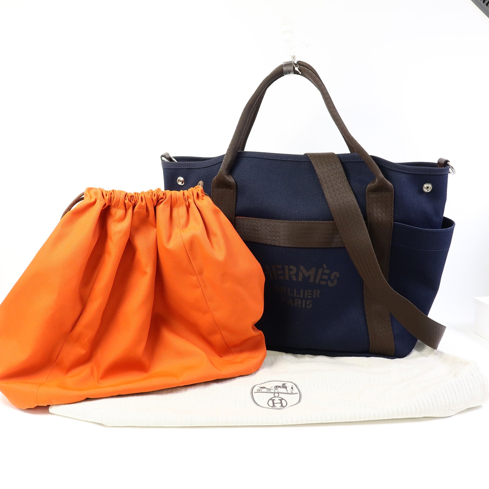 HERMES 帆布Grooming Bag銀扣手挽肩背兩用袋Blue