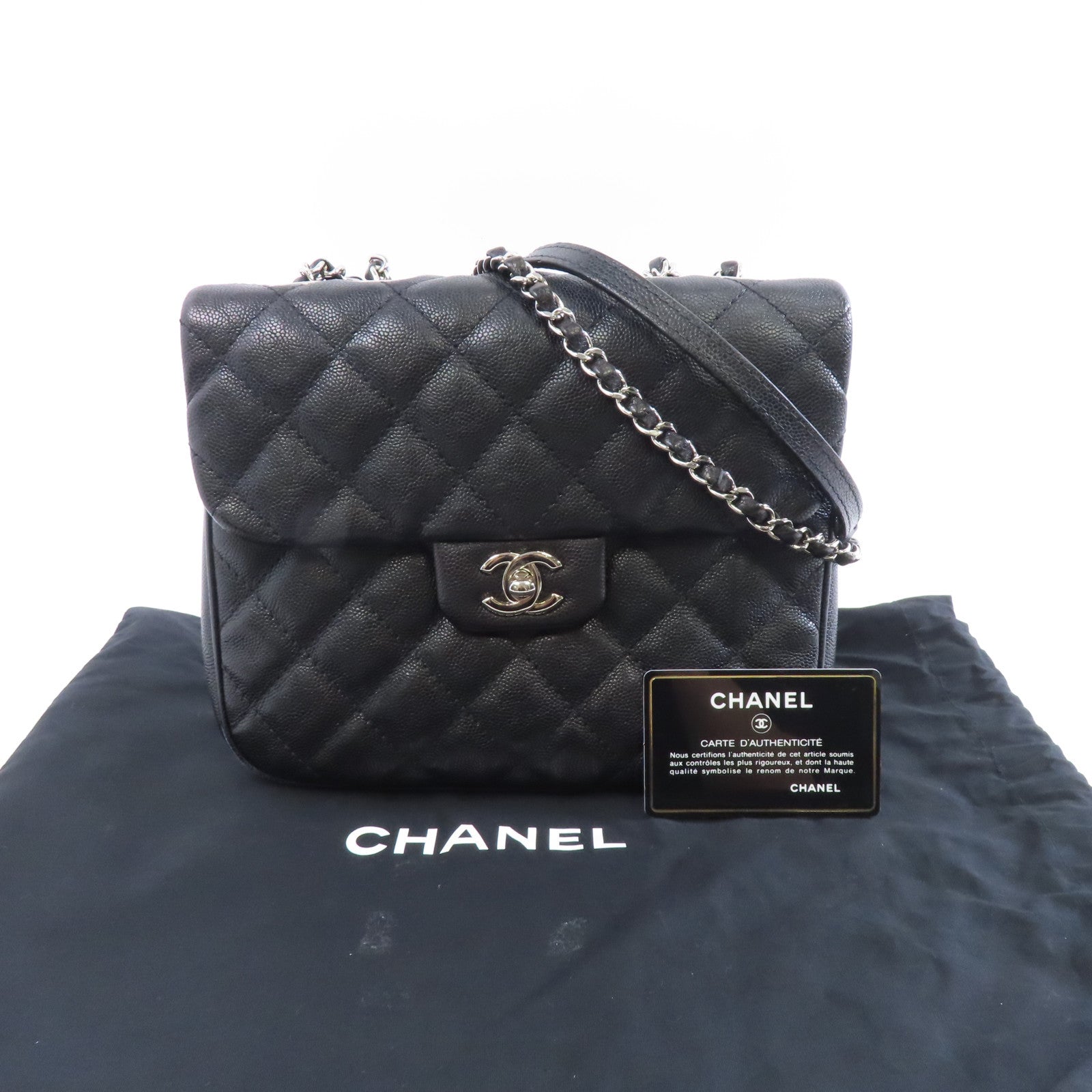 CHANEL 菱格Caviar皮革Chain Shoulder Bag銀扣鏈帶肩背袋黑色