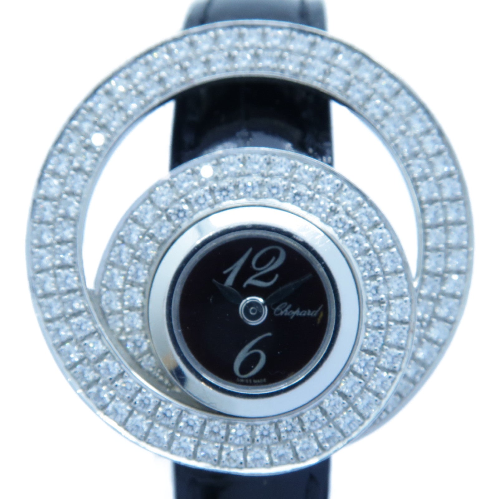 Chopard Diamond Watch 18K白金/皮革手錶石英機芯黑色