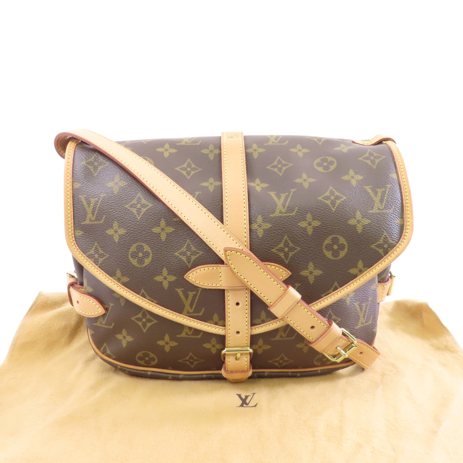 LOUIS VUITTON Monogram Saumur MM金扣肩背袋棕色