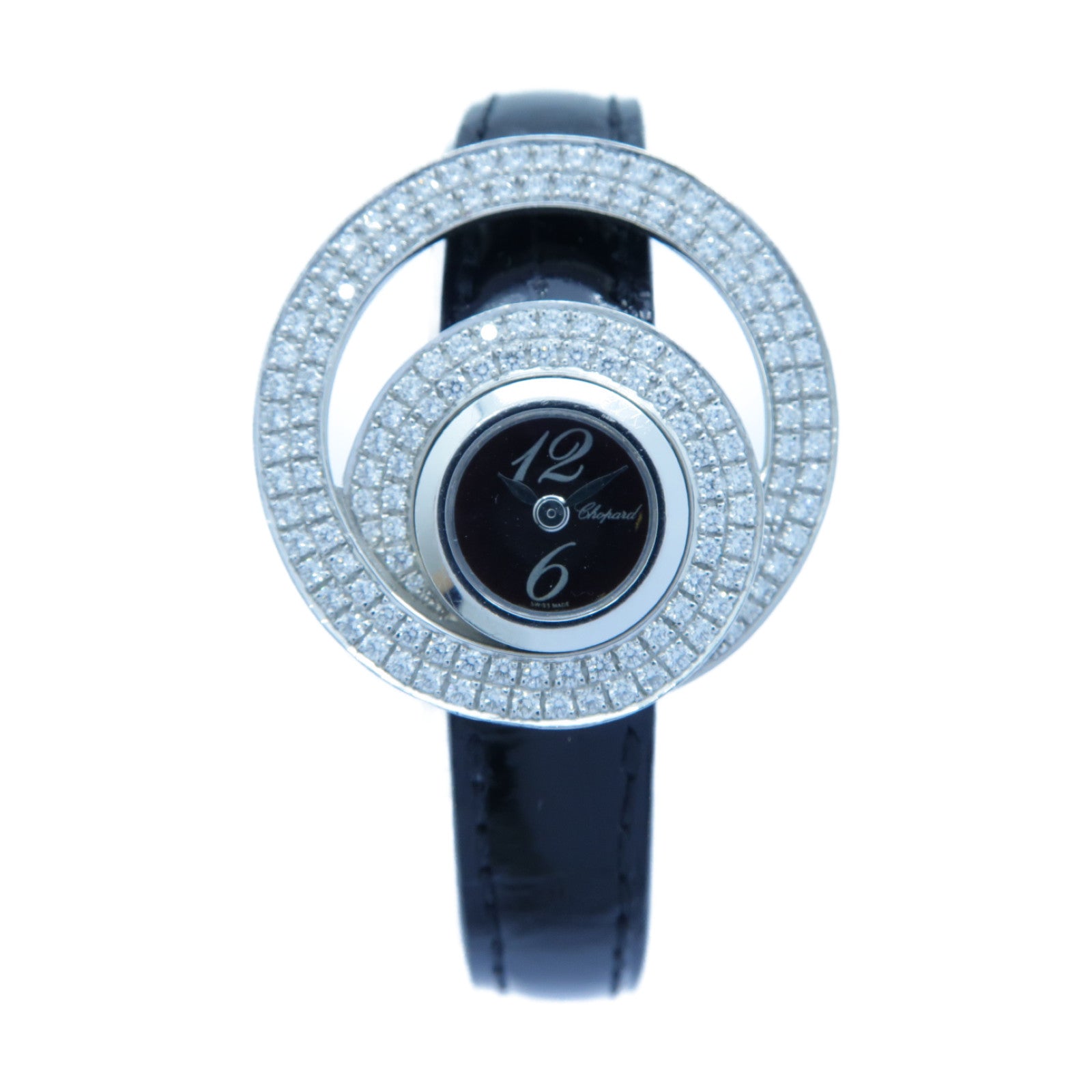 Chopard Diamond Watch 18K白金/皮革手錶石英機芯黑色