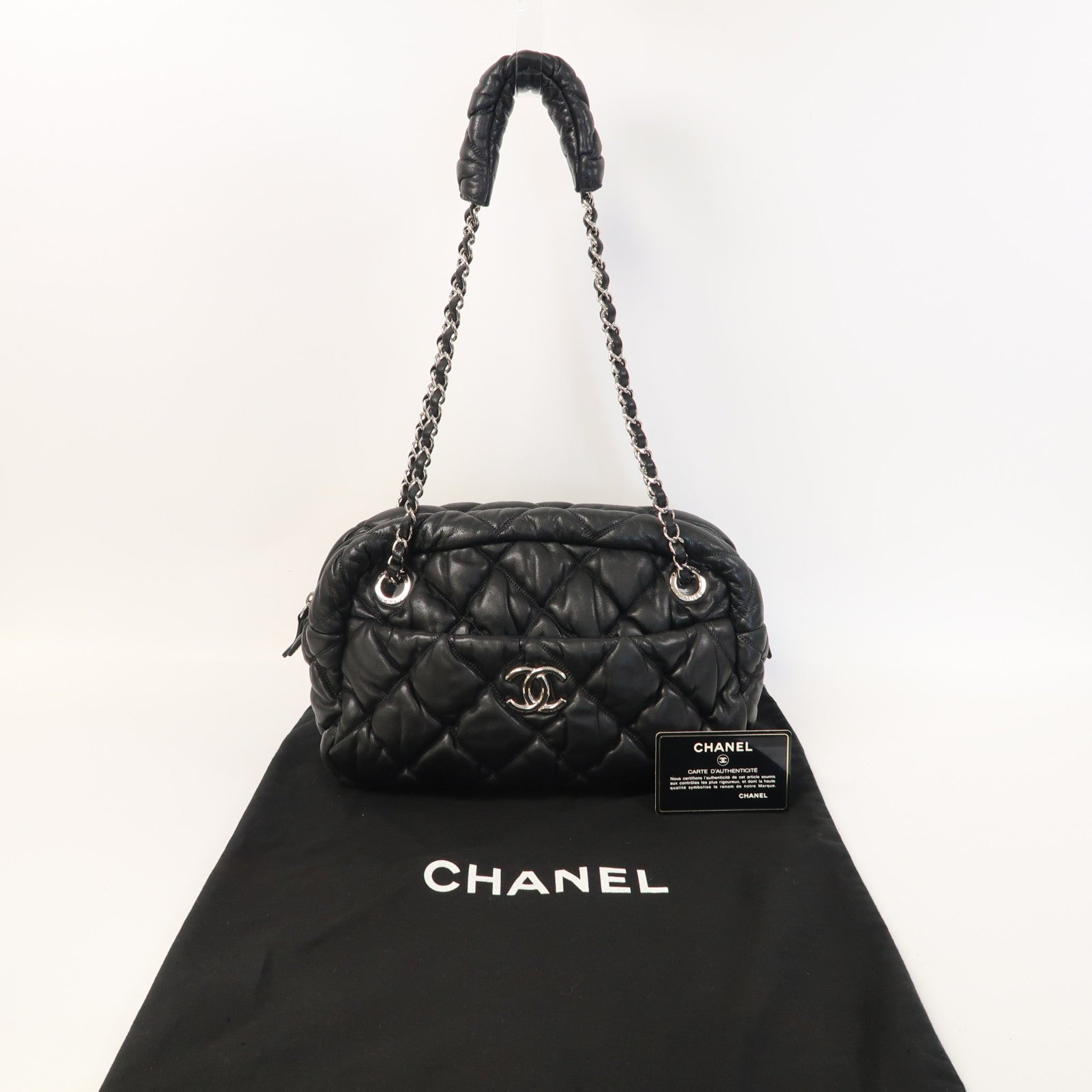 CHANEL 菱格羊皮皮革Chain Shoulder銀扣鏈帶肩背袋黑色