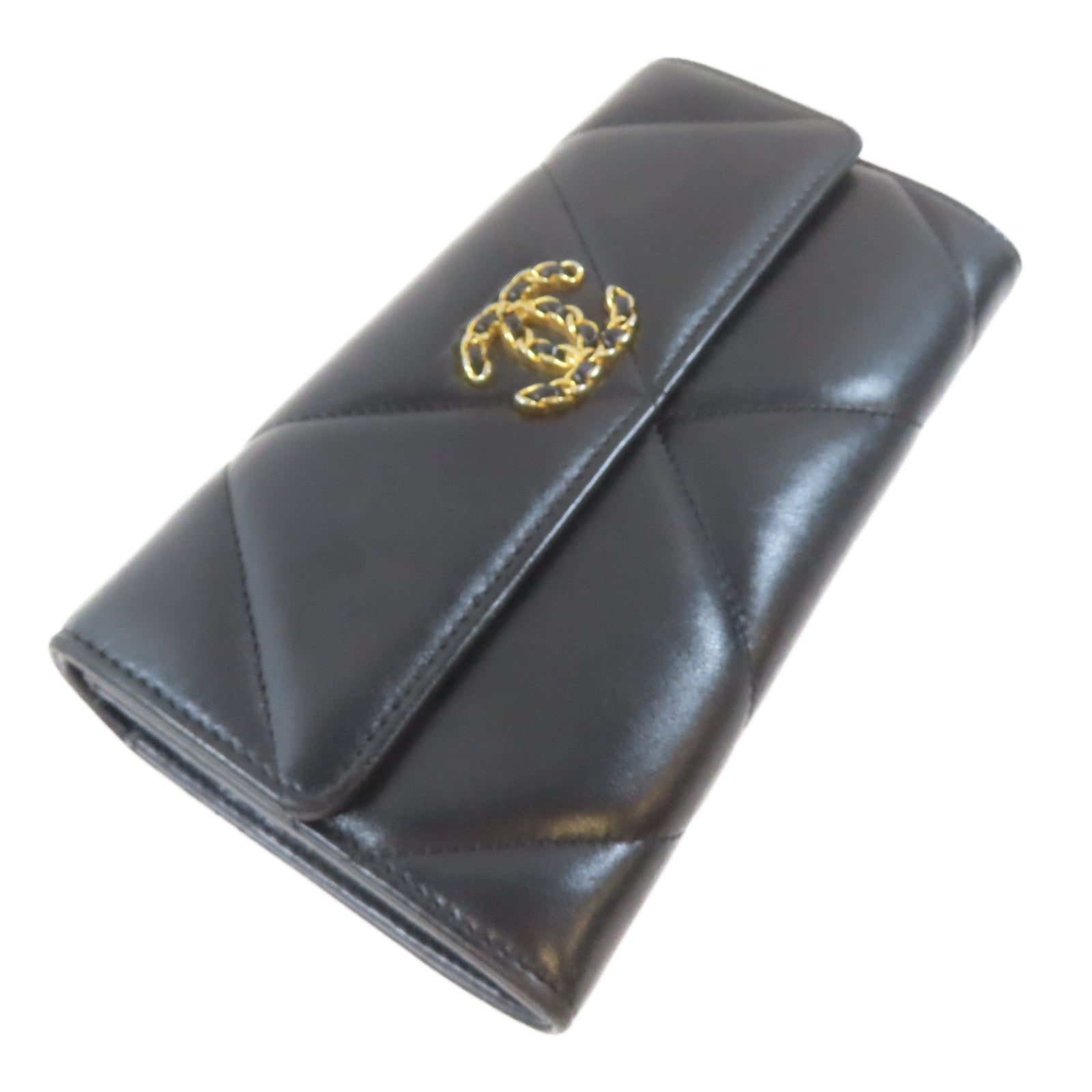 CHANEL 羊皮皮革19 Long Flap Wallet金扣長錢包黑色