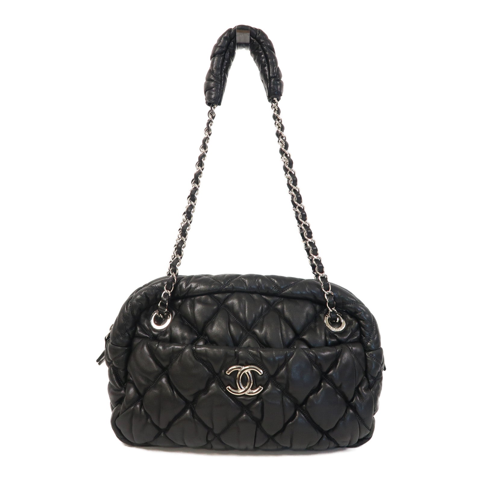 CHANEL 菱格羊皮皮革Chain Shoulder銀扣鏈帶肩背袋黑色