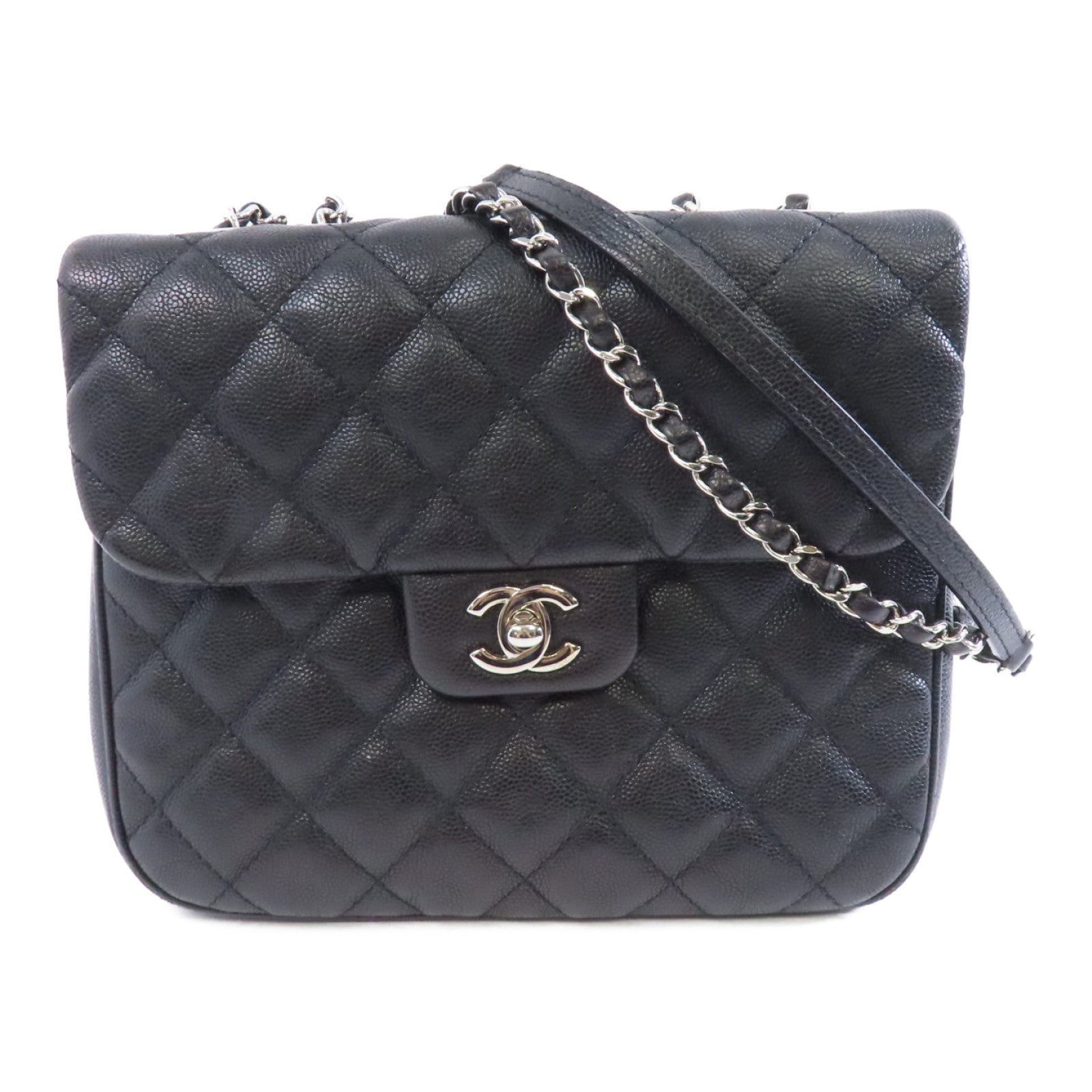CHANEL 菱格Caviar皮革Chain Shoulder Bag銀扣鏈帶肩背袋黑色