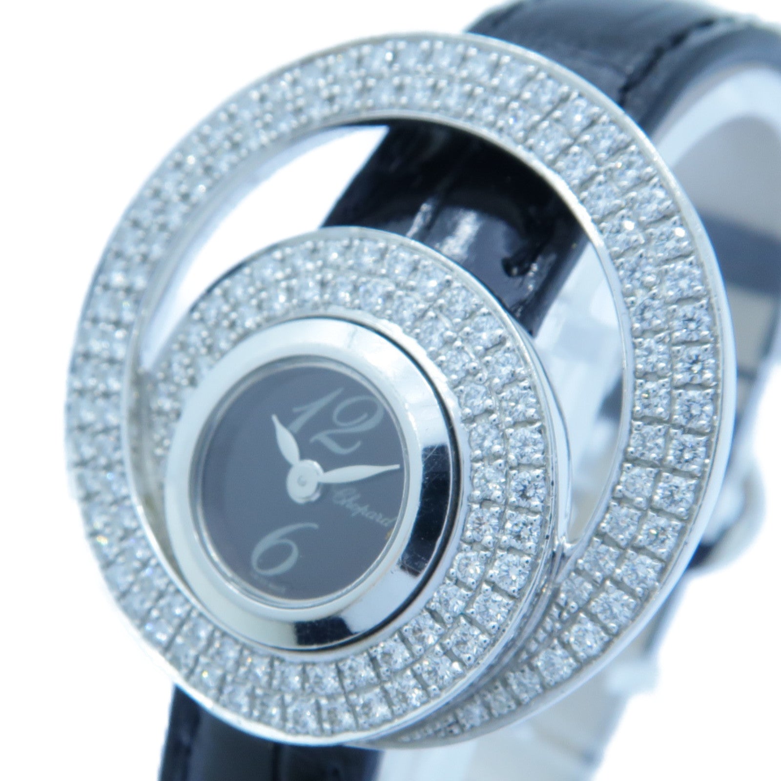 Chopard Diamond Watch 18K白金/皮革手錶石英機芯黑色