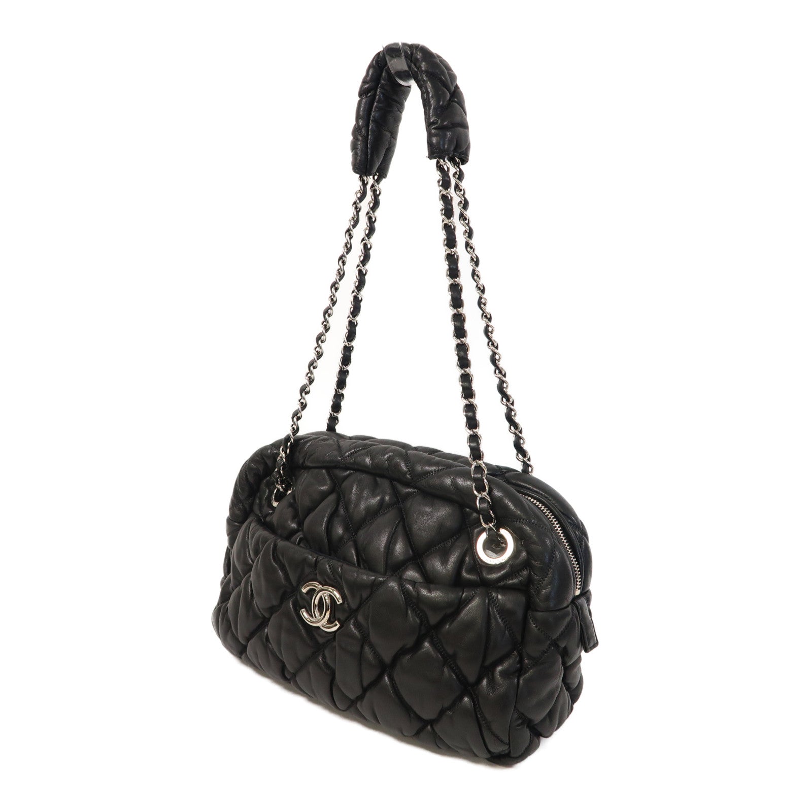 CHANEL 菱格羊皮皮革Chain Shoulder銀扣鏈帶肩背袋黑色