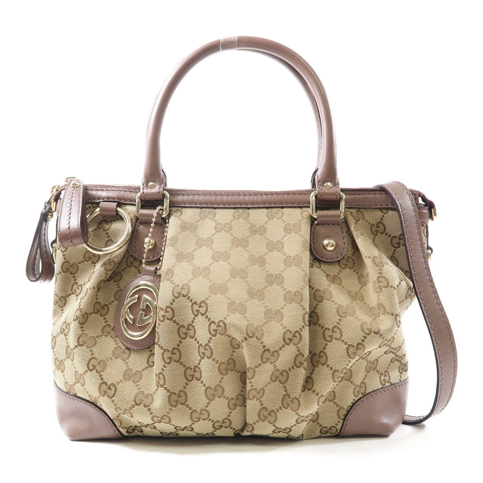 GUCCI 帆布Sukey Tote金扣手挽肩背兩用袋棕色/紫色