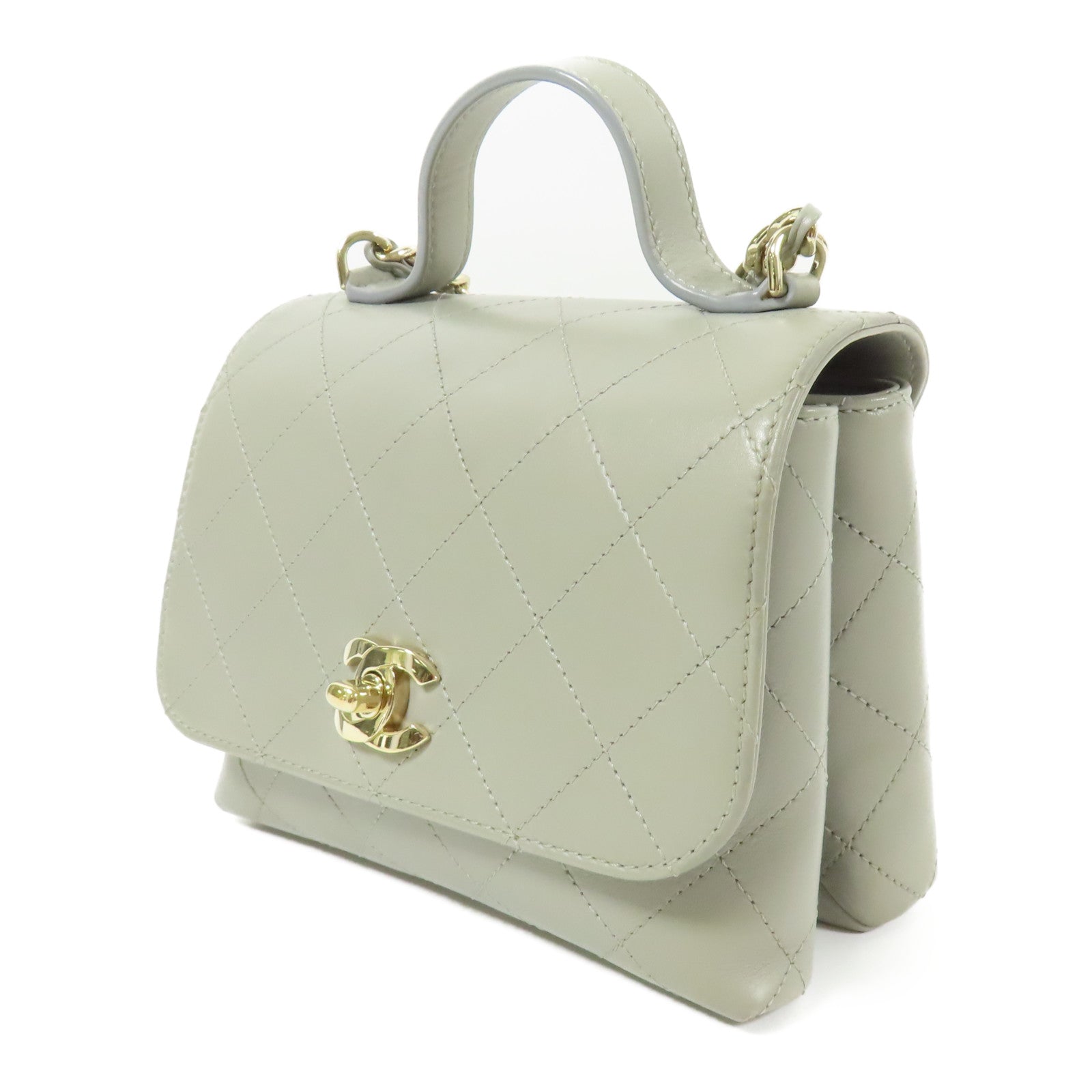 CHANEL 牛皮皮革Flap Bag With Top Handle金扣手挽肩背兩用袋