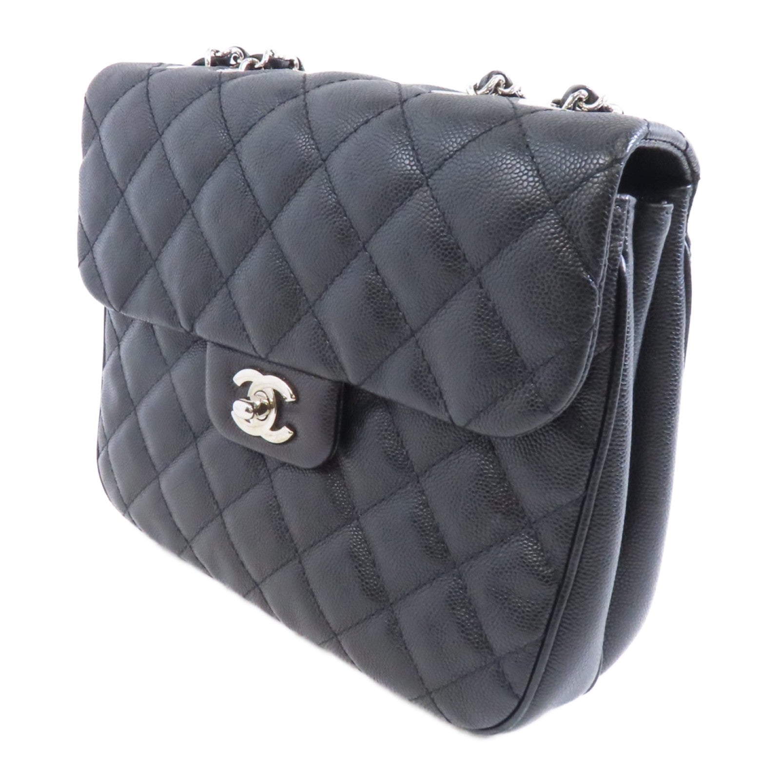 CHANEL 菱格Caviar皮革Chain Shoulder Bag銀扣鏈帶肩背袋黑色