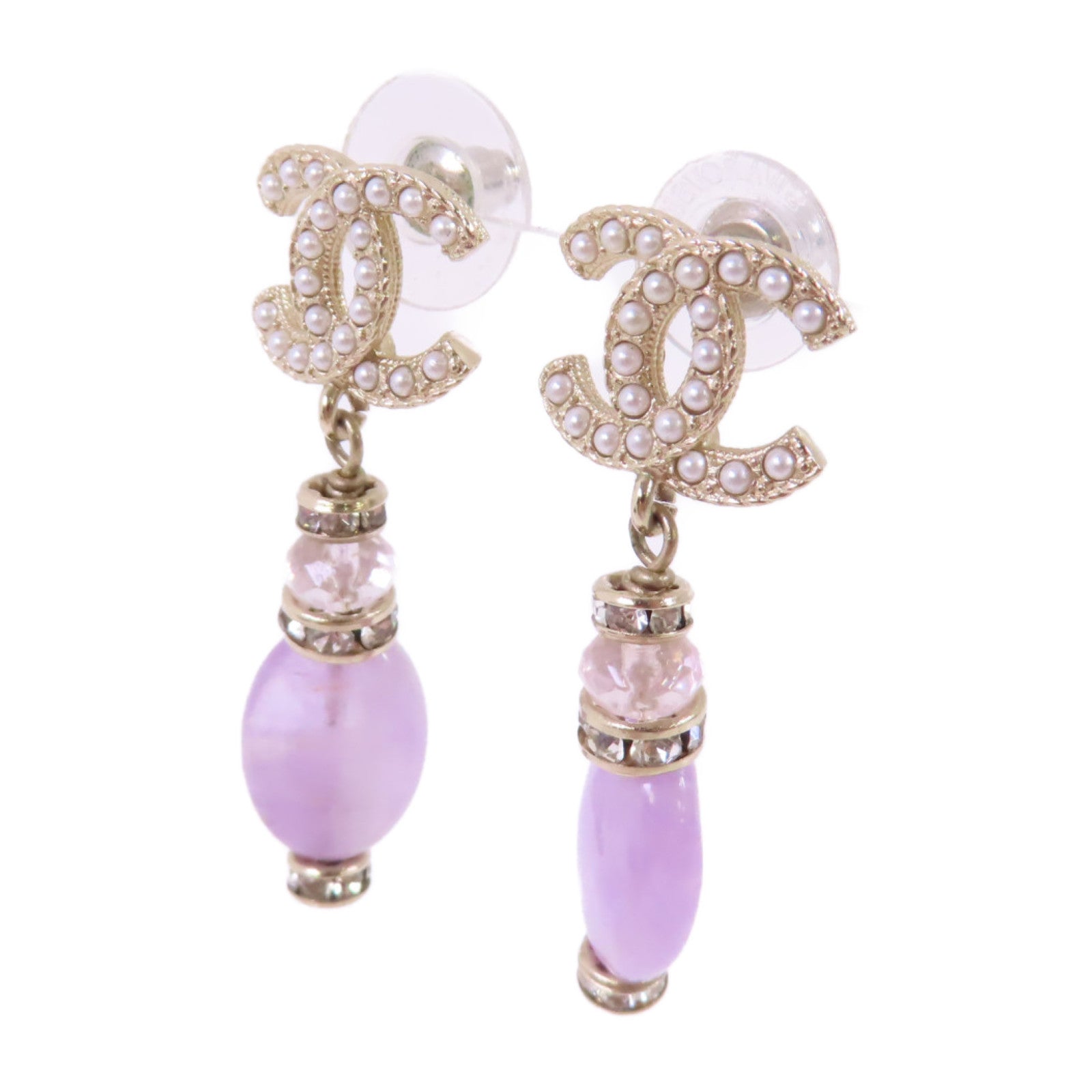 CHANEL 金屬/仿珍珠CC Earrings金扣耳環白色/淺紫色/金色