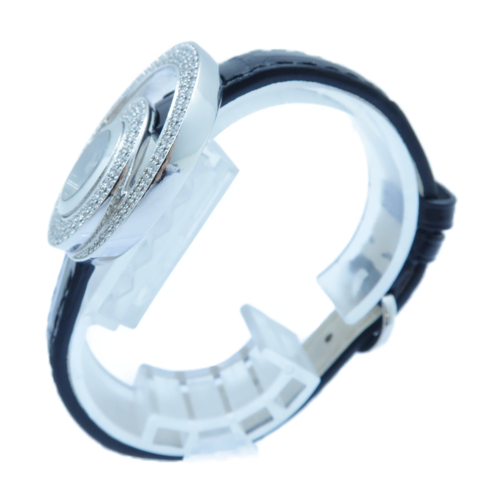 Chopard Diamond Watch 18K白金/皮革手錶石英機芯黑色