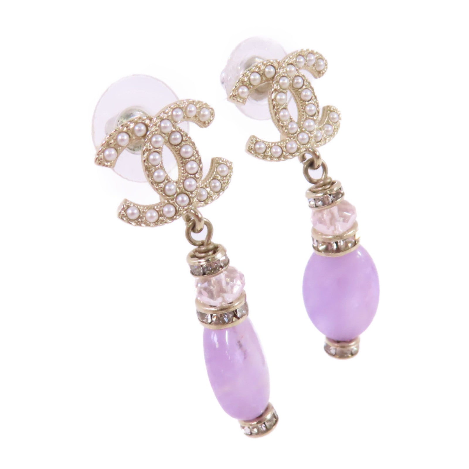 CHANEL 金屬/仿珍珠CC Earrings金扣耳環白色/淺紫色/金色