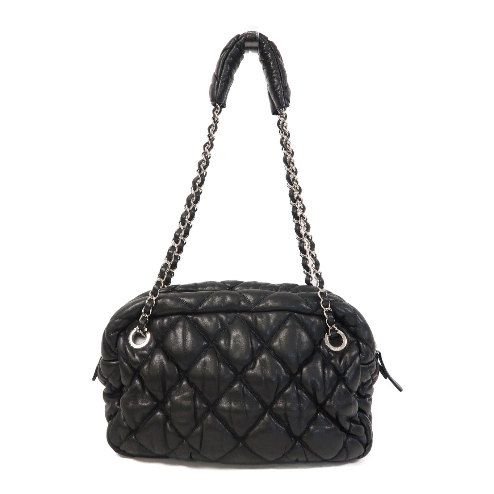 CHANEL 菱格羊皮皮革Chain Shoulder銀扣鏈帶肩背袋黑色