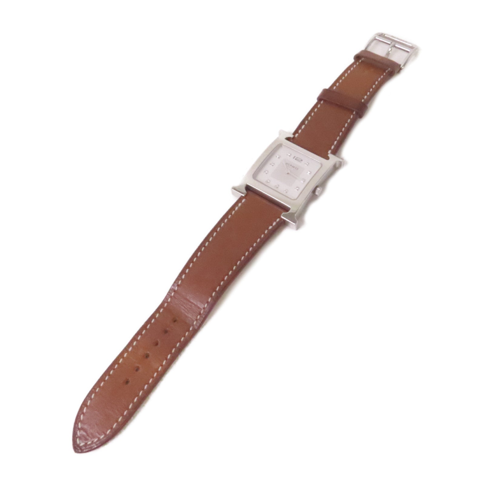 HERMES Heure H Watch不鏽鋼/珍珠母/鑽石/牛皮皮革石英機芯手錶白色