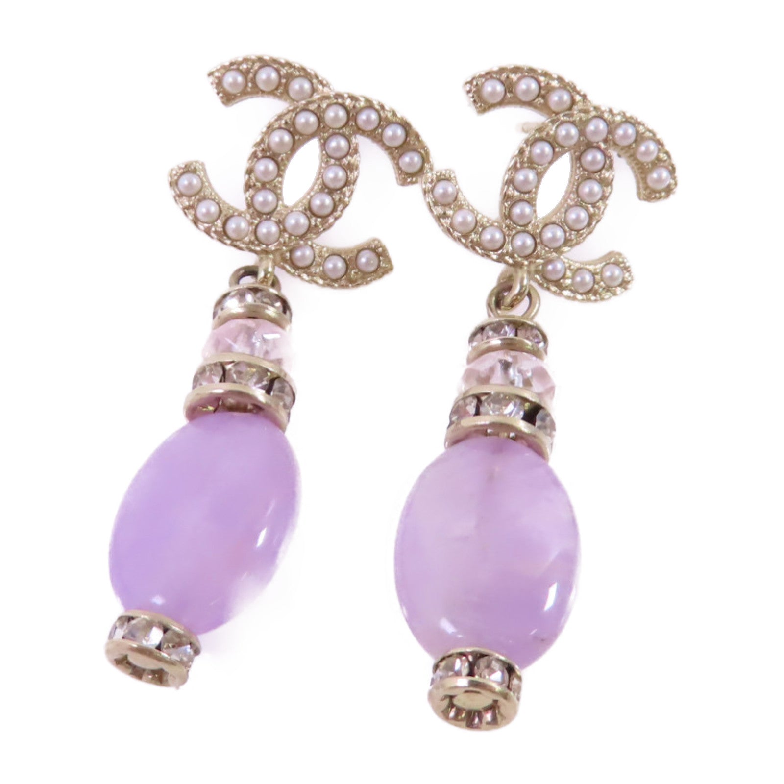 CHANEL 金屬/仿珍珠CC Earrings金扣耳環白色/淺紫色/金色
