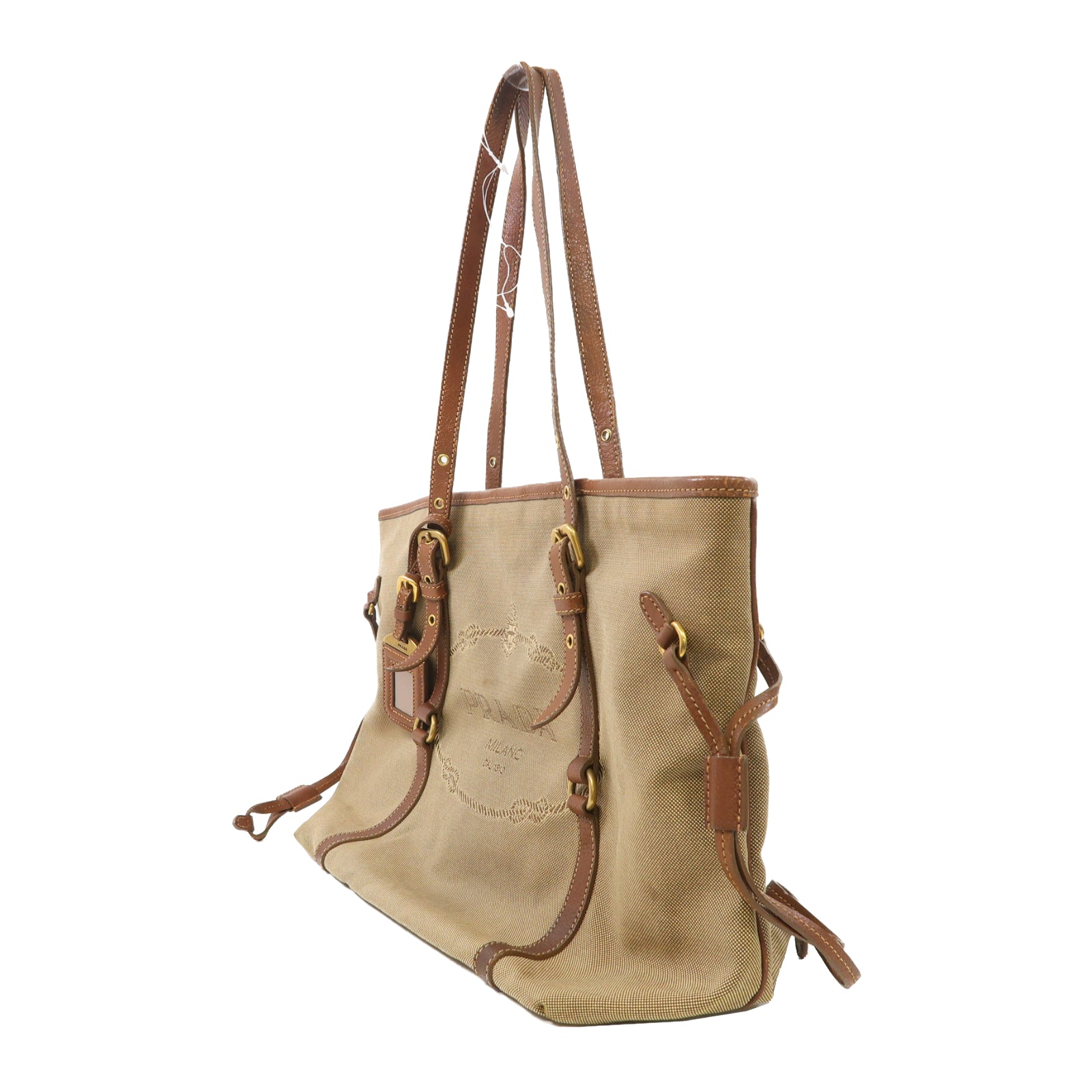 PRADA 帆布Tote Bag金扣手挽袋啡色