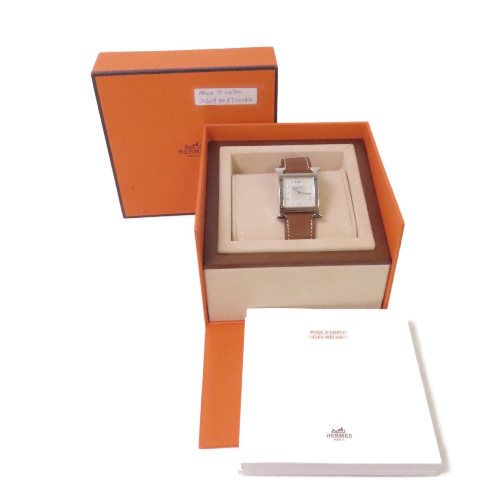 HERMES Heure H Watch不鏽鋼/珍珠母/鑽石/牛皮皮革石英機芯手錶白色