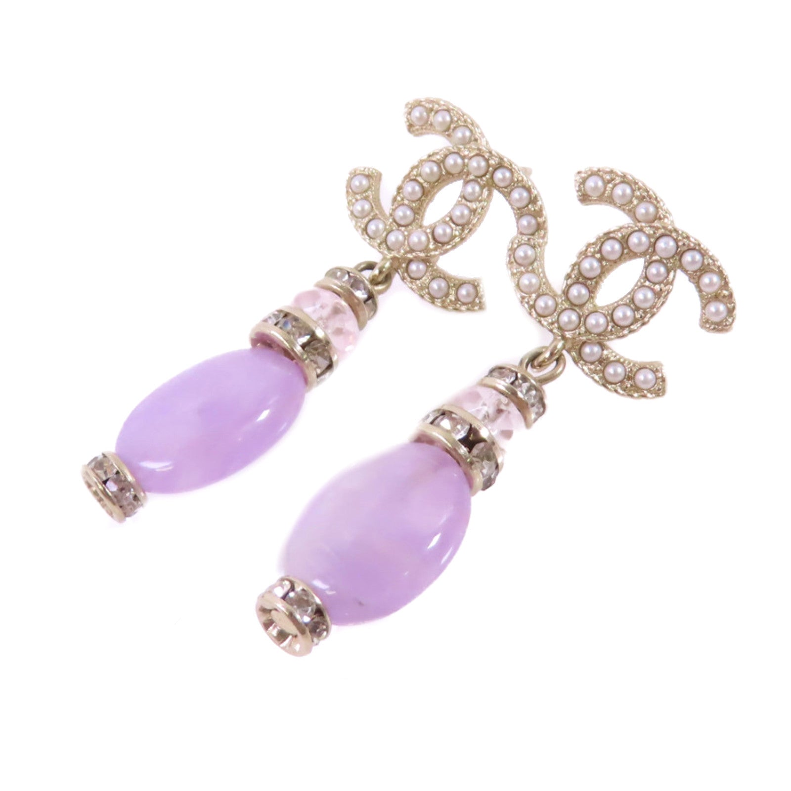 CHANEL 金屬/仿珍珠CC Earrings金扣耳環白色/淺紫色/金色