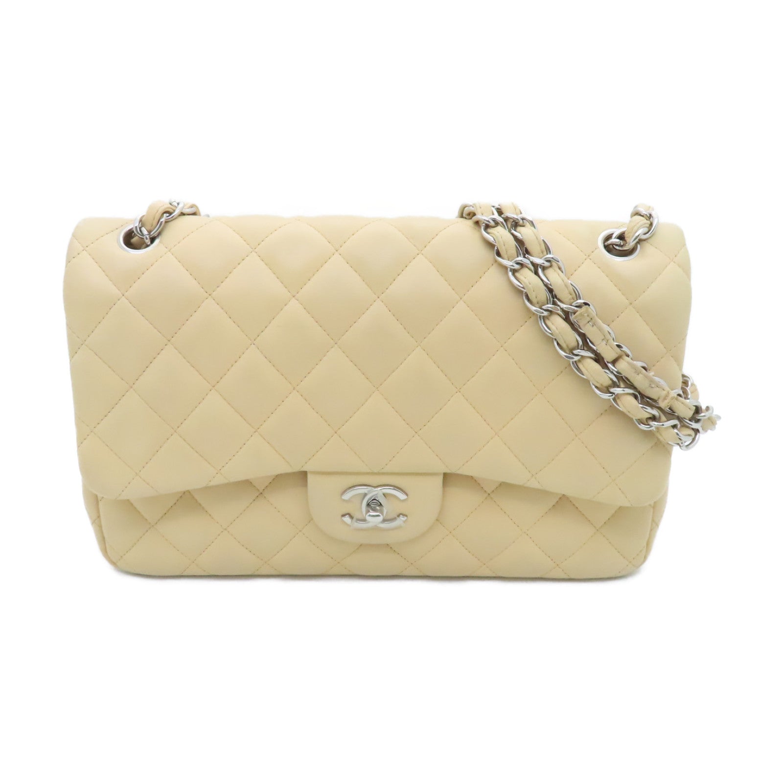 CHANEL Diamond Sheepskin Leather Classic Silver Buckle Shoulder Bag Beige