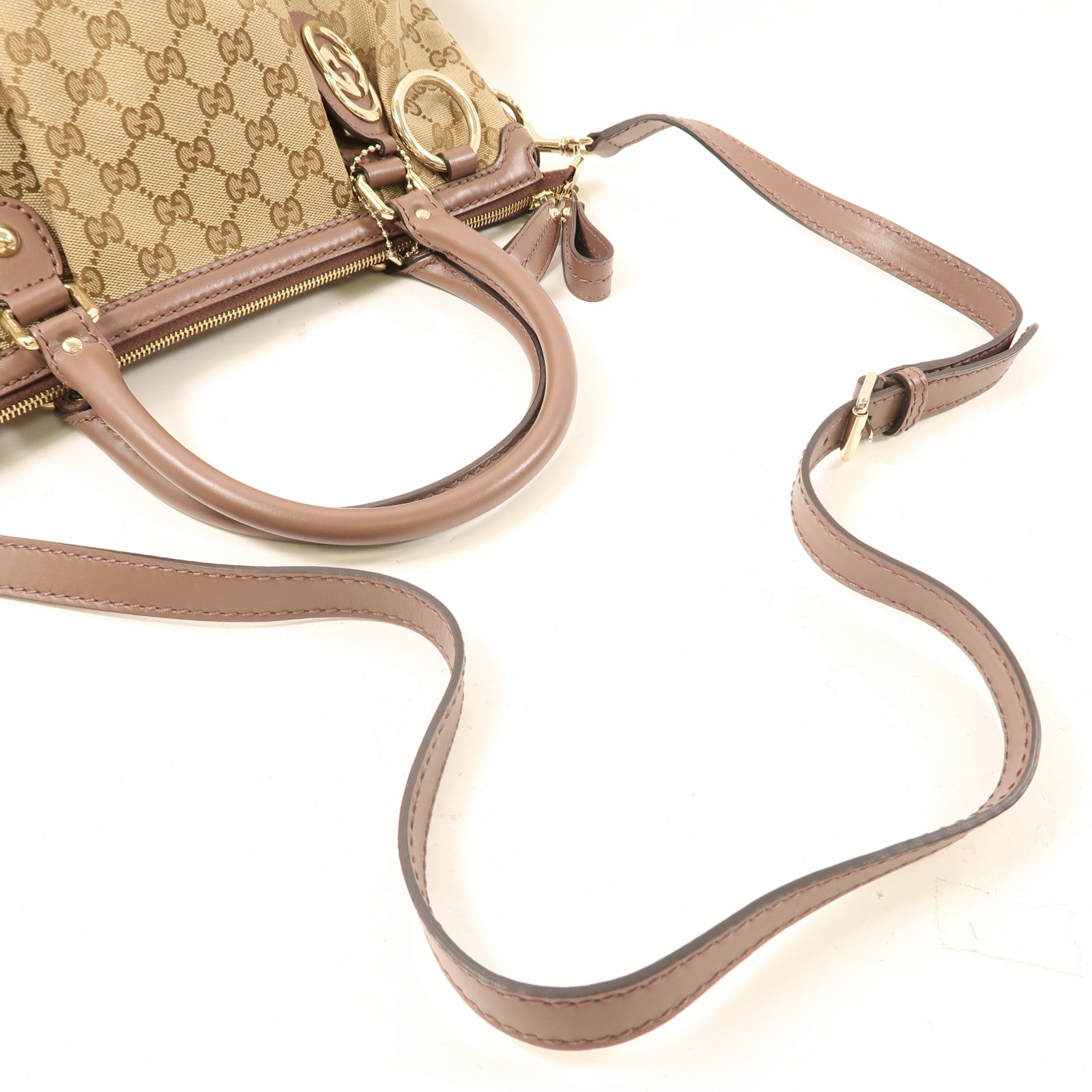 GUCCI 帆布Sukey Tote金扣手挽肩背兩用袋棕色/紫色