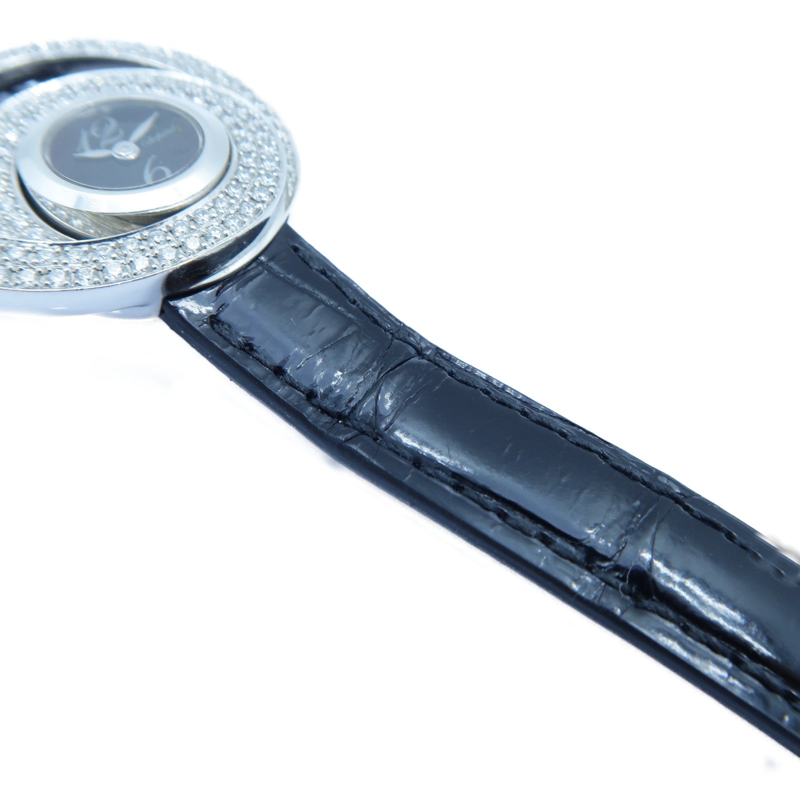 Chopard Diamond Watch 18K白金/皮革手錶石英機芯黑色