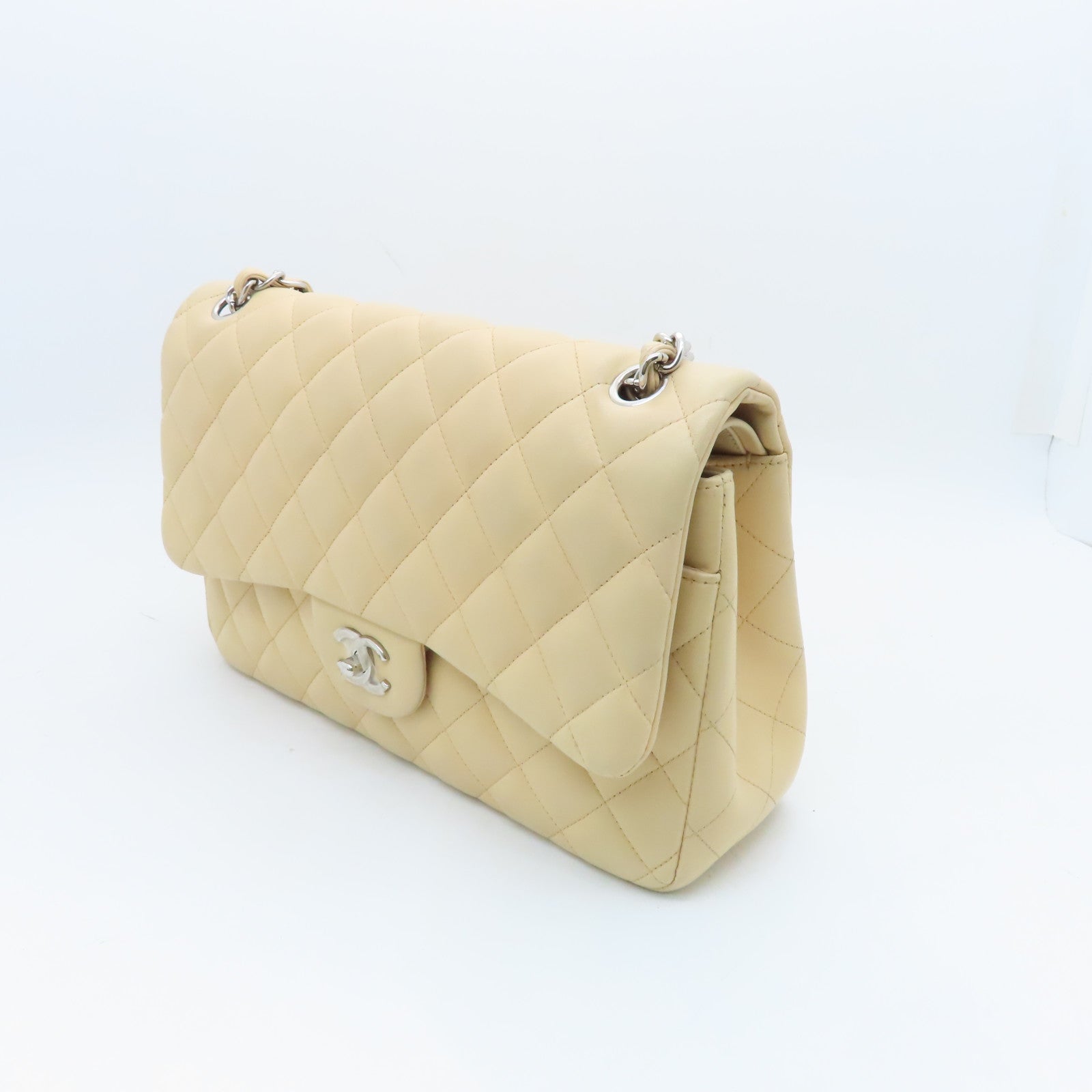 CHANEL Diamond Sheepskin Leather Classic Silver Buckle Shoulder Bag Beige