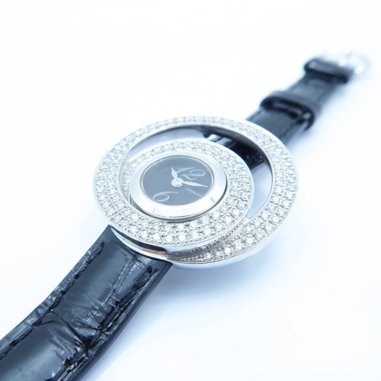 Chopard Diamond Watch 18K白金/皮革手錶石英機芯黑色