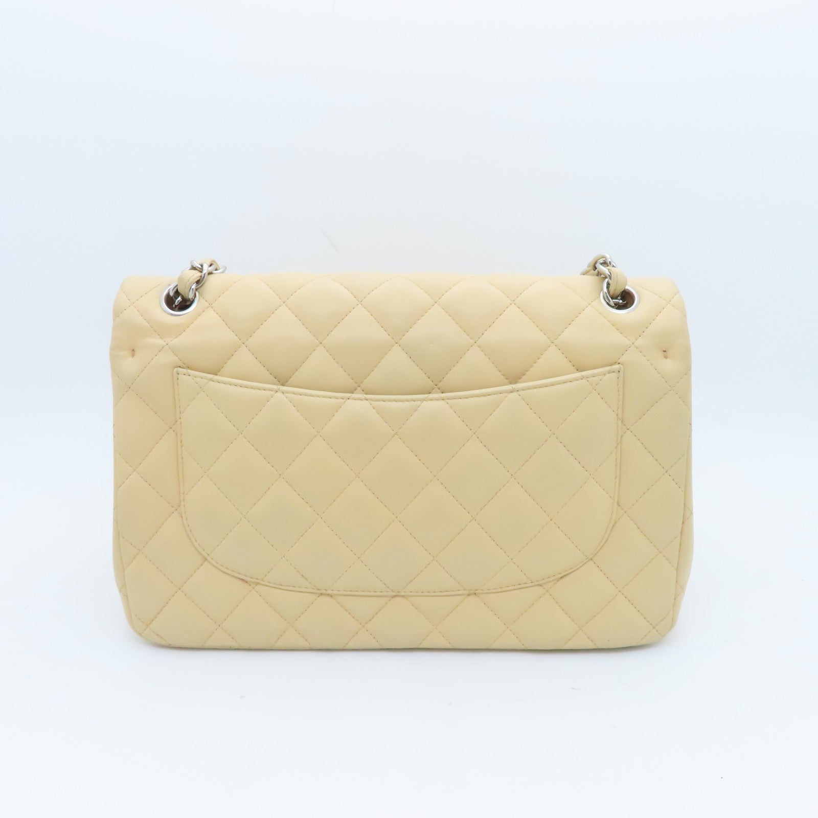 CHANEL Diamond Sheepskin Leather Classic Silver Buckle Shoulder Bag Beige
