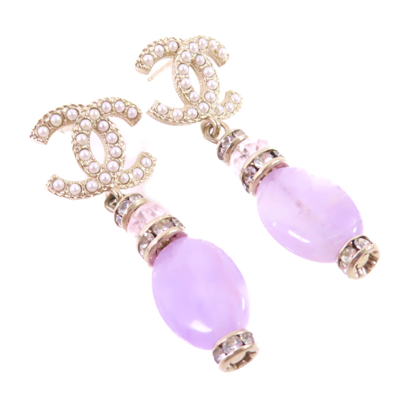 CHANEL 金屬/仿珍珠CC Earrings金扣耳環白色/淺紫色/金色