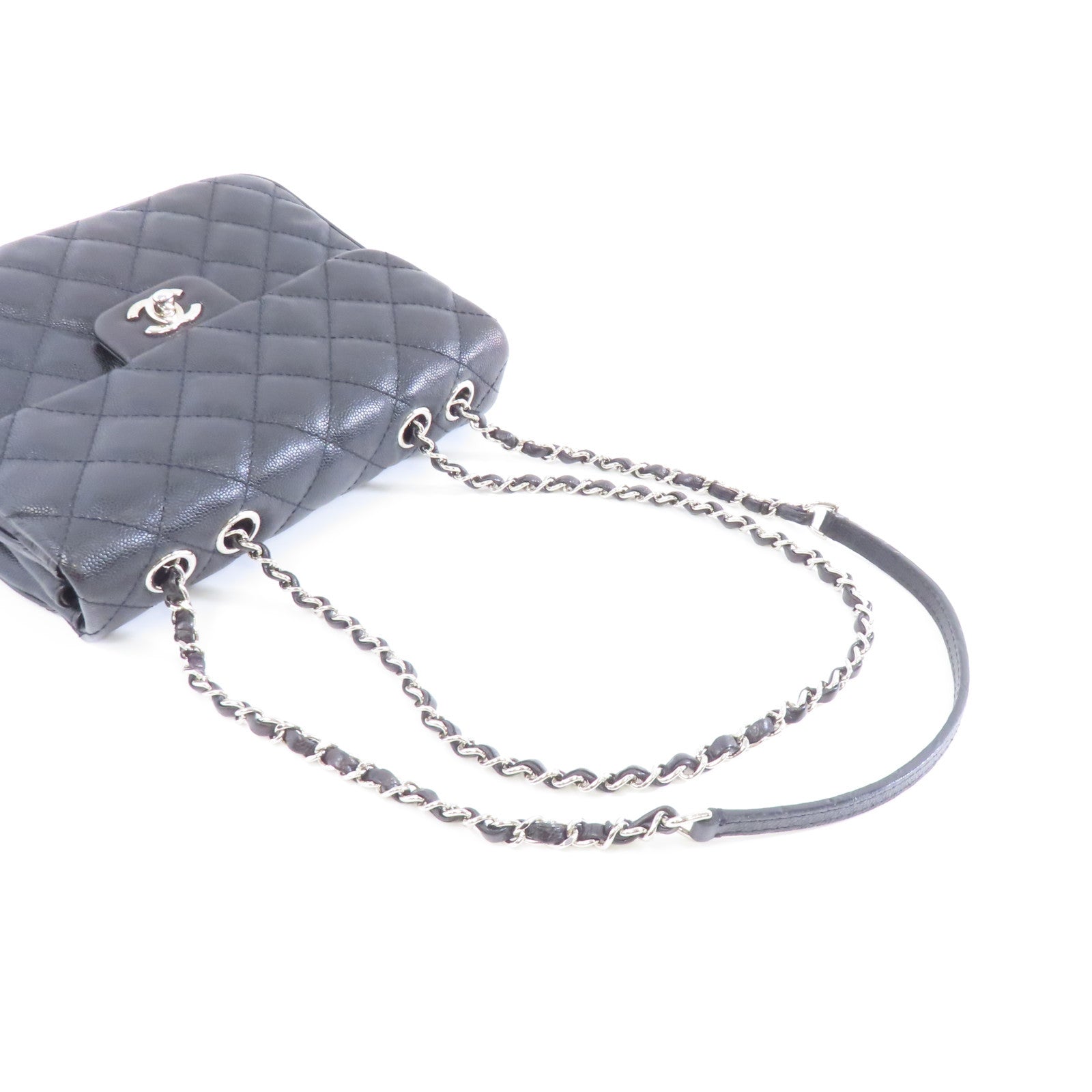 CHANEL 菱格Caviar皮革Chain Shoulder Bag銀扣鏈帶肩背袋黑色