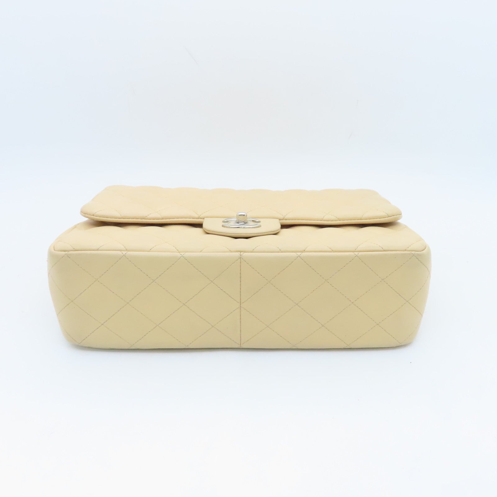 CHANEL Diamond Sheepskin Leather Classic Silver Buckle Shoulder Bag Beige