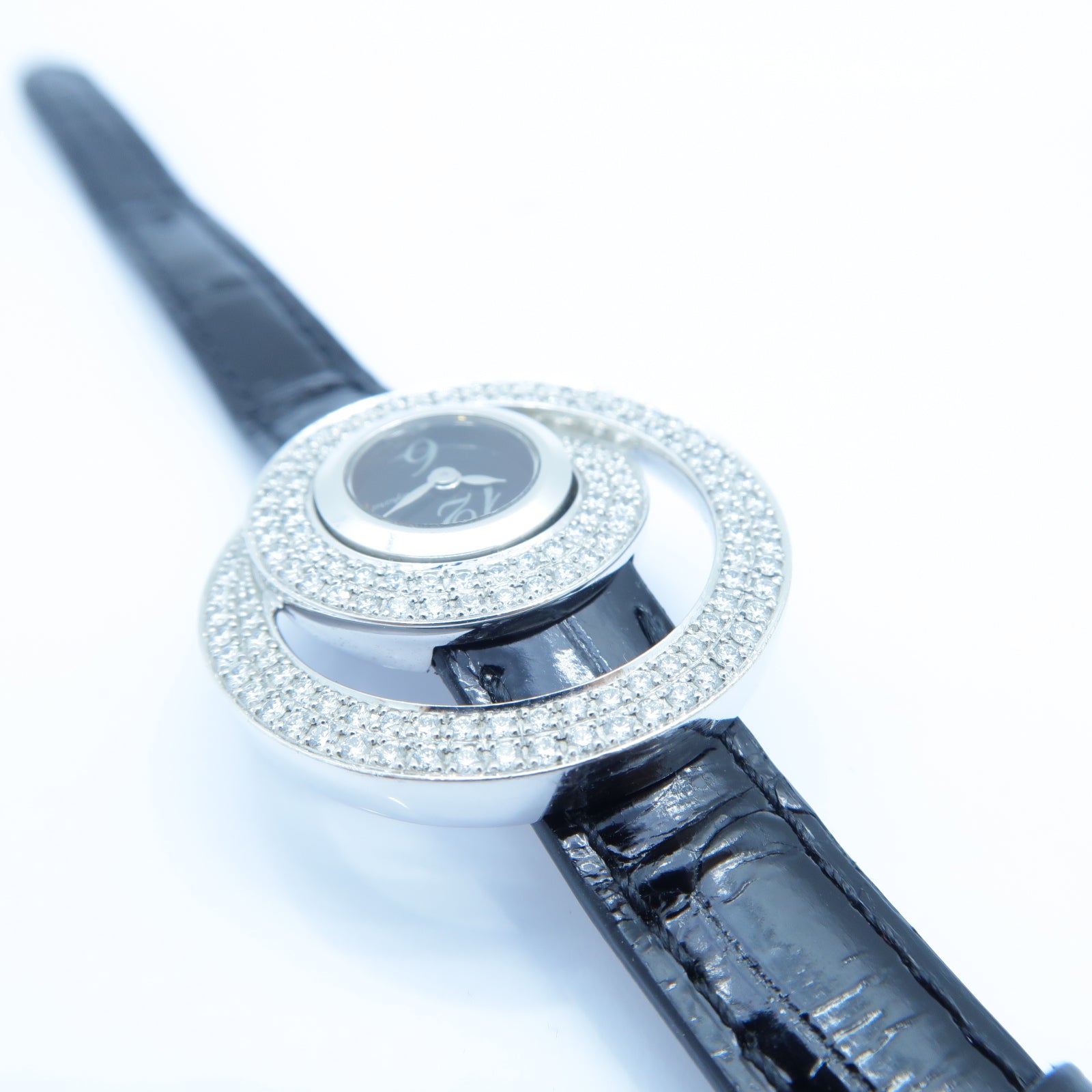 Chopard Diamond Watch 18K白金/皮革手錶石英機芯黑色