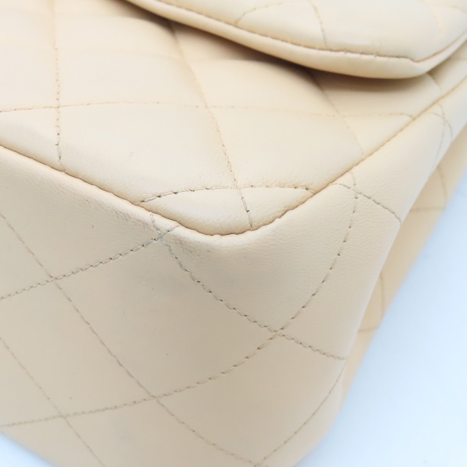 CHANEL Diamond Sheepskin Leather Classic Silver Buckle Shoulder Bag Beige
