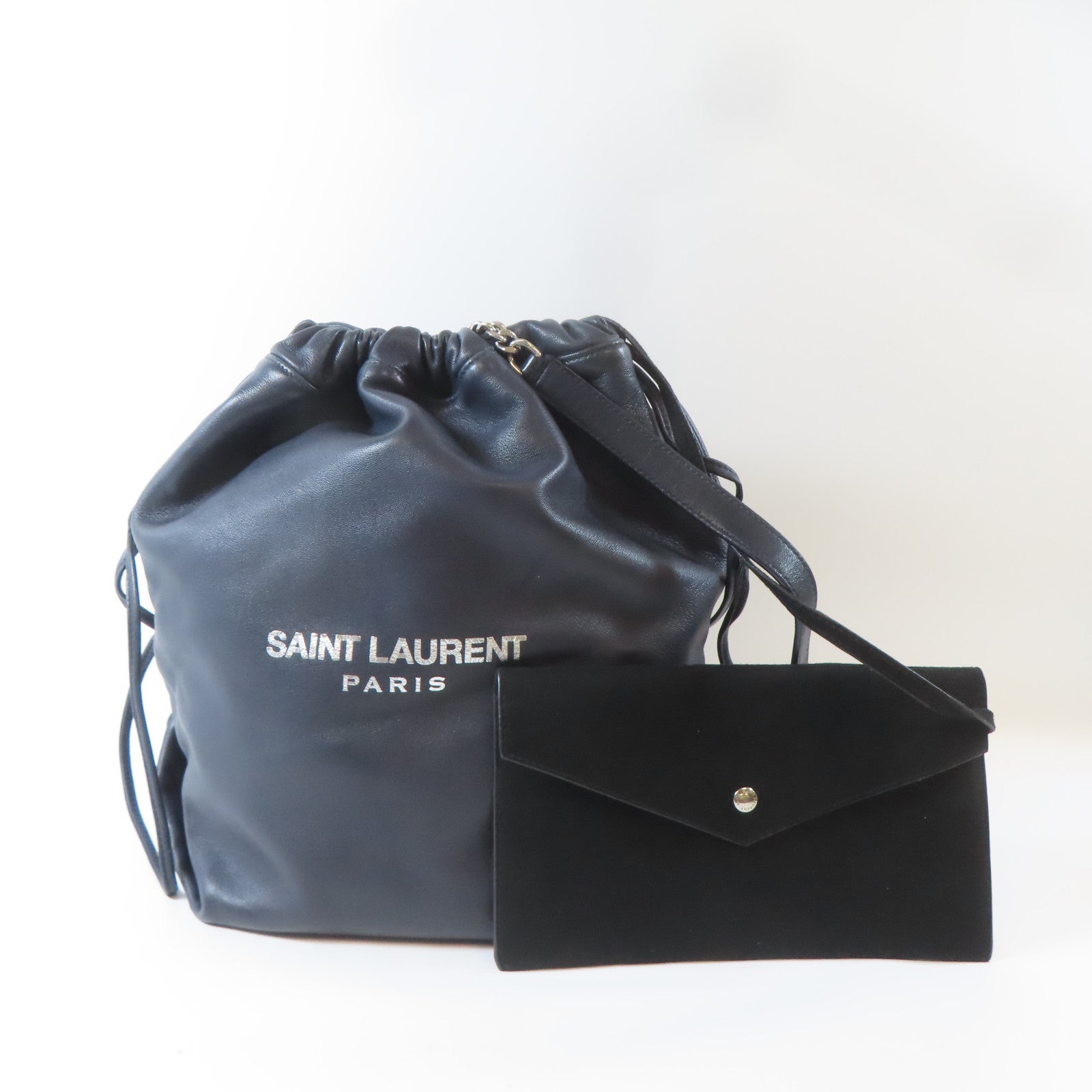 SAINT LAURENT 羊皮皮革Shoulder Bag銀扣鏈帶肩背袋深藍色