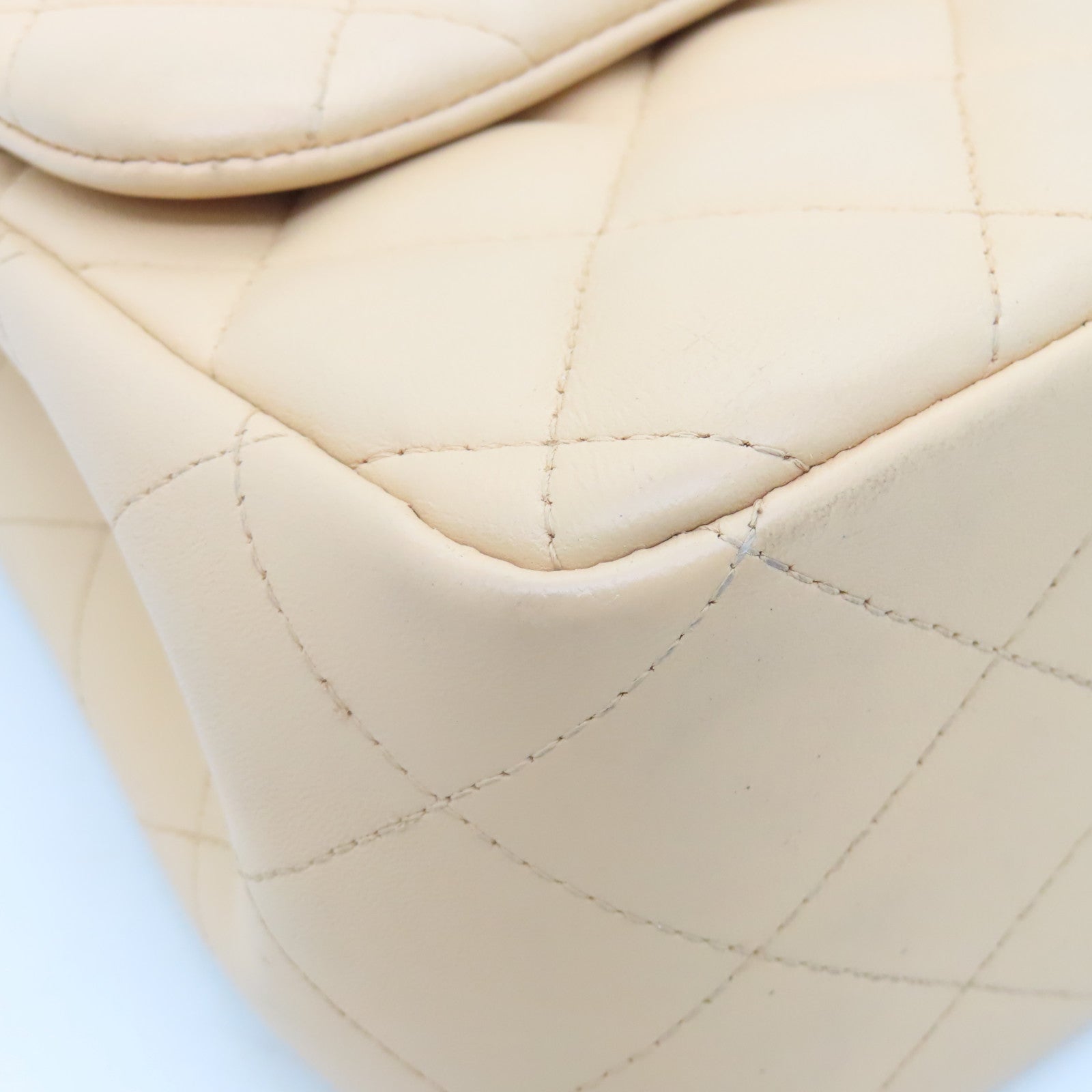CHANEL Diamond Sheepskin Leather Classic Silver Buckle Shoulder Bag Beige