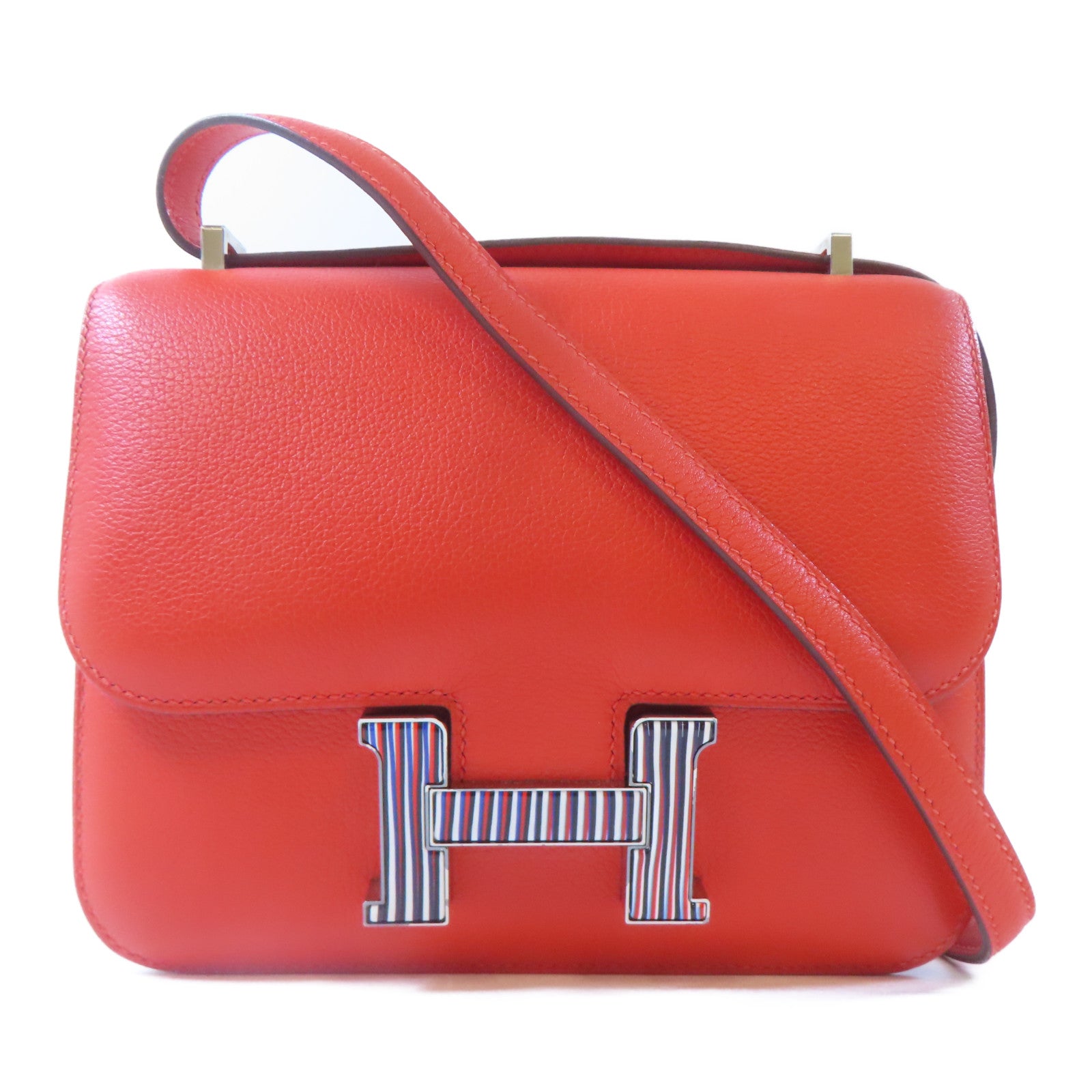 HERMES 【激減優惠】Evercolor皮革Mini Constance銀扣肩背袋Capucine/螢光橘色