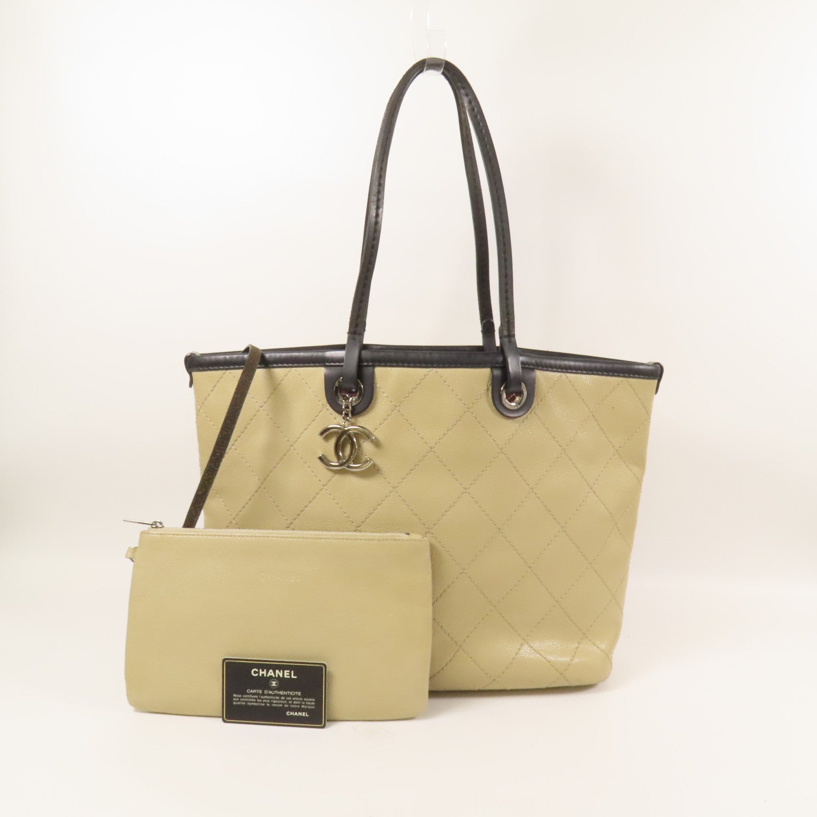 CHANEL 牛皮皮革Tote Bag銀扣肩背袋