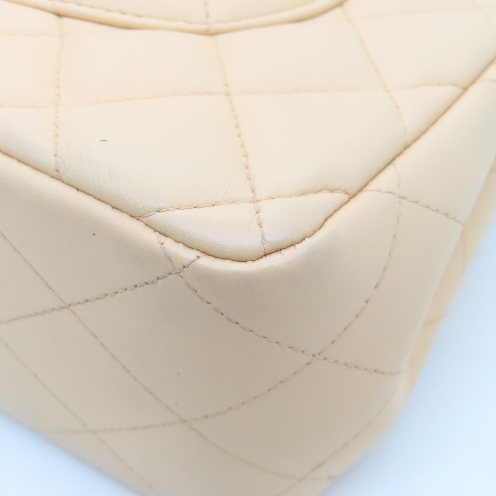 CHANEL Diamond Sheepskin Leather Classic Silver Buckle Shoulder Bag Beige