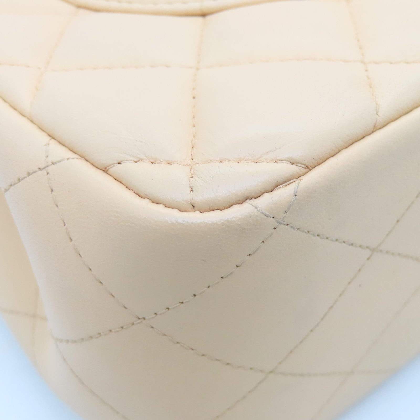 CHANEL Diamond Sheepskin Leather Classic Silver Buckle Shoulder Bag Beige