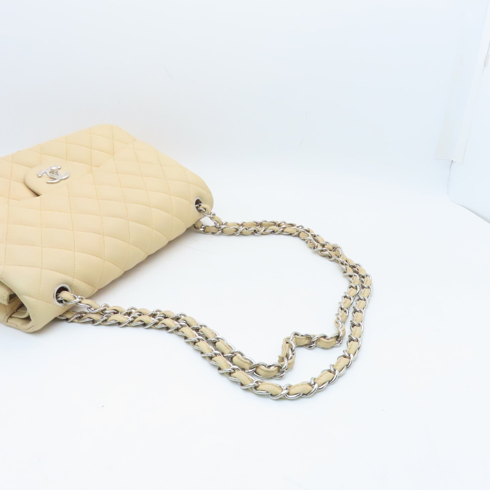 CHANEL Diamond Sheepskin Leather Classic Silver Buckle Shoulder Bag Beige