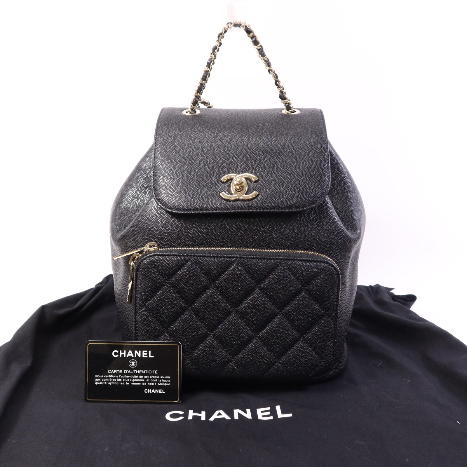 CHANEL 牛皮皮革Backpack金扣鏈帶背包