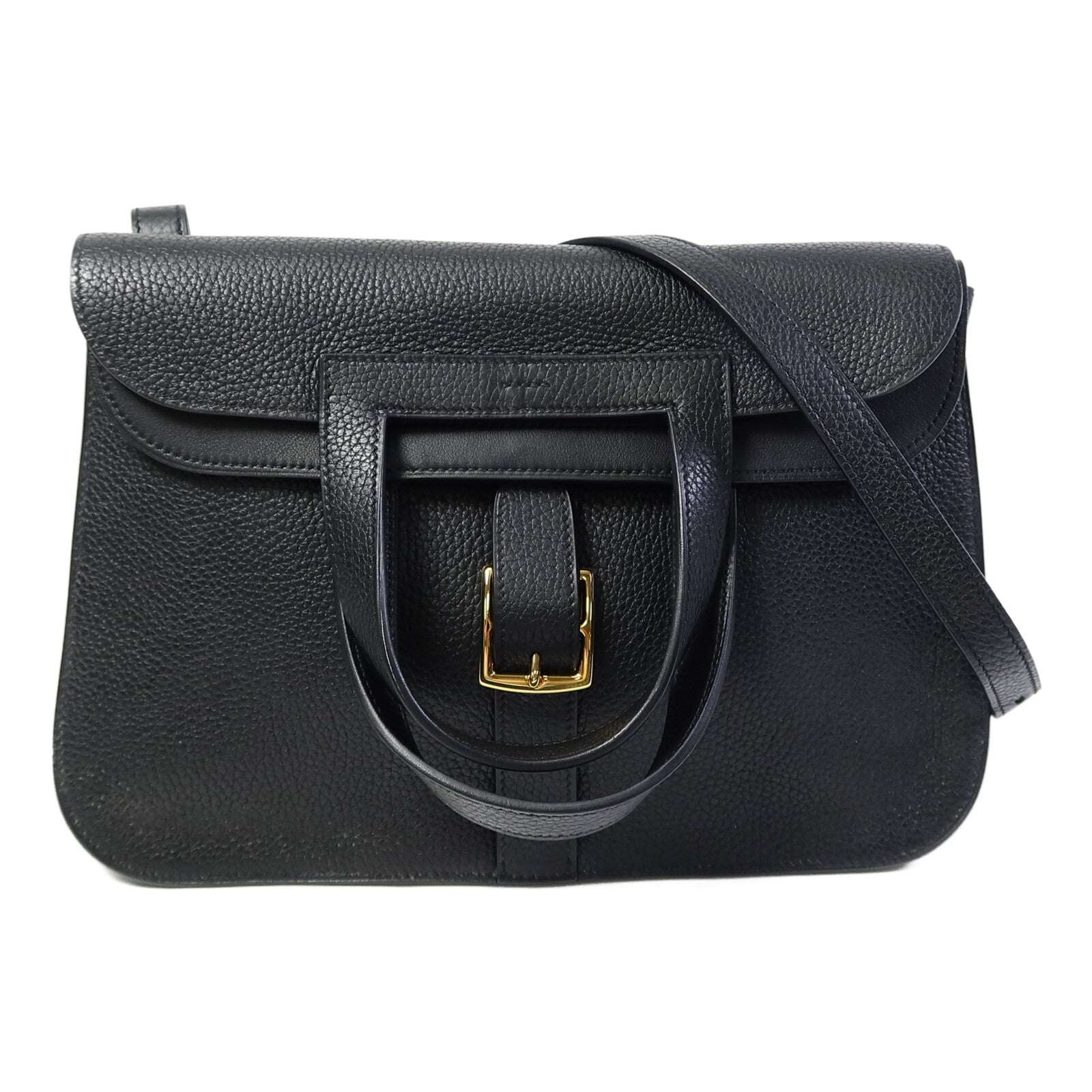 HERMES Clemence皮革Halzan 31金扣手挽肩背兩用袋Noir